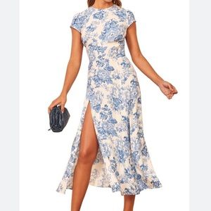 Reformation Gavin Blue and White Floral Open-back dress